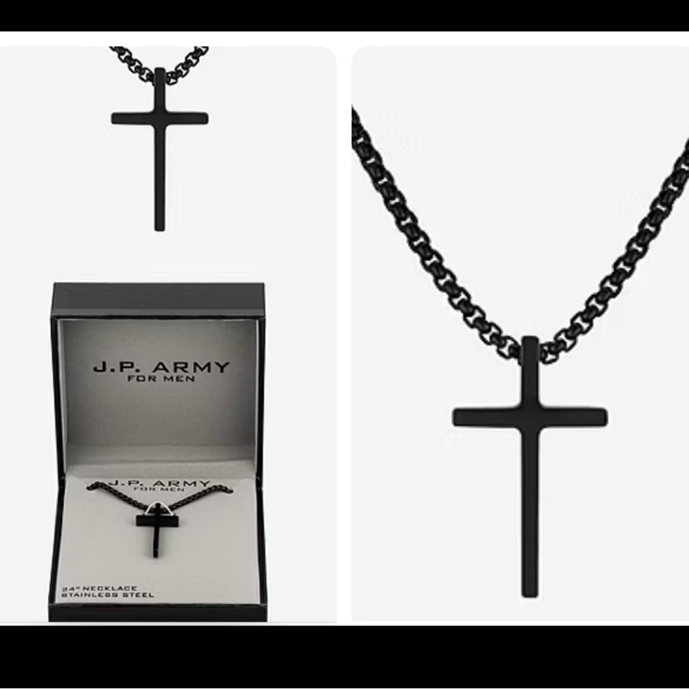 J.P. Army Black Stainless Steel 24 Inch Rolo Cross Pendant Necklace
